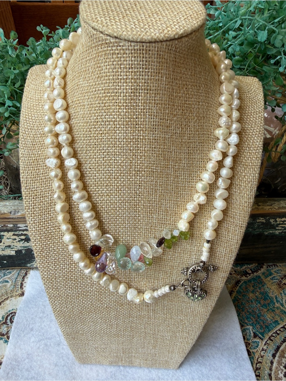Freshwater Pearl Necklace Gemstone Crystal Drop Cluster Toggle Clasp 35”